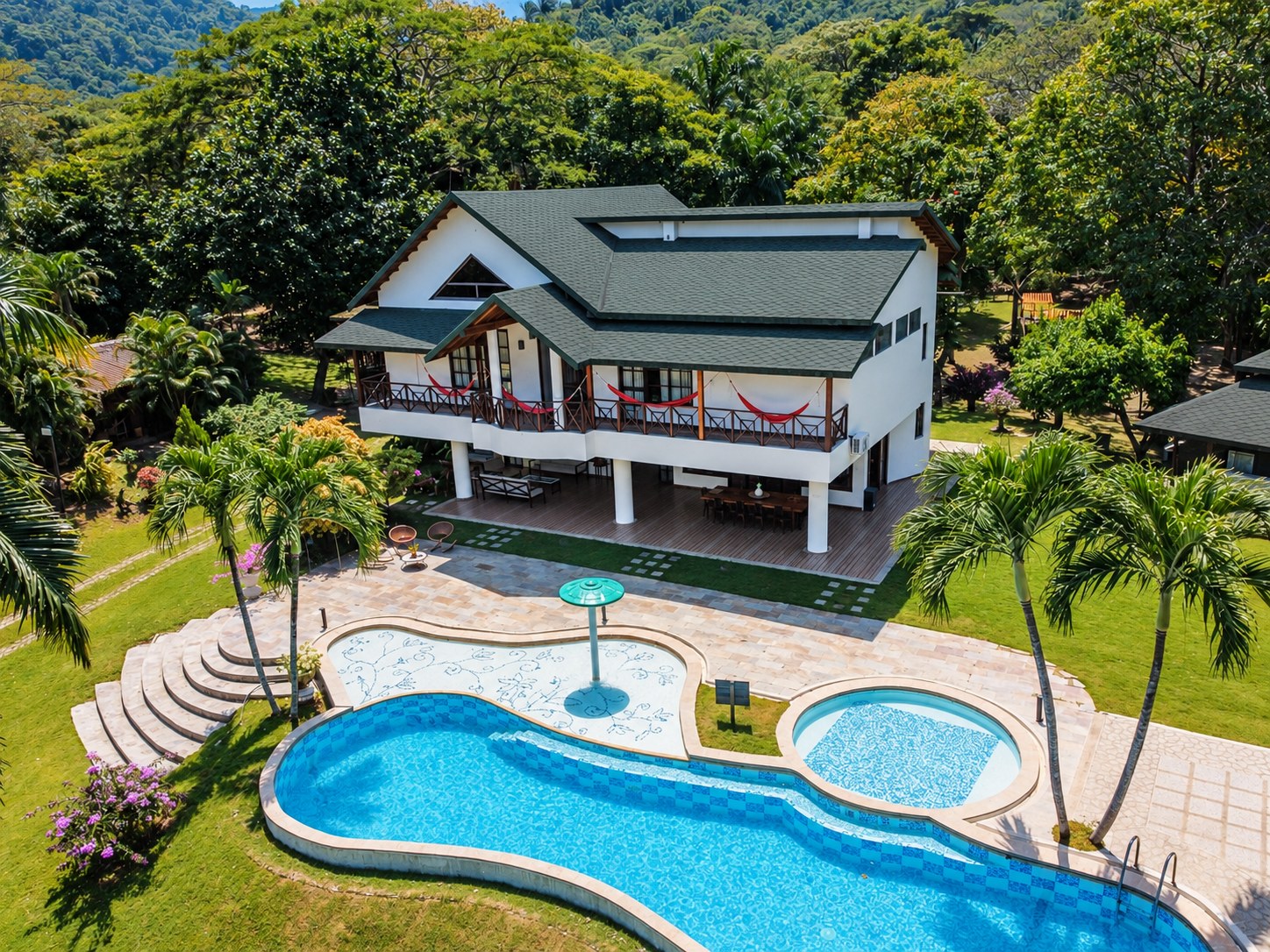 Casa Victoria Regia — aerial view of the villa, hammock verandas and lagoon pool near Tayrona, Santa Marta