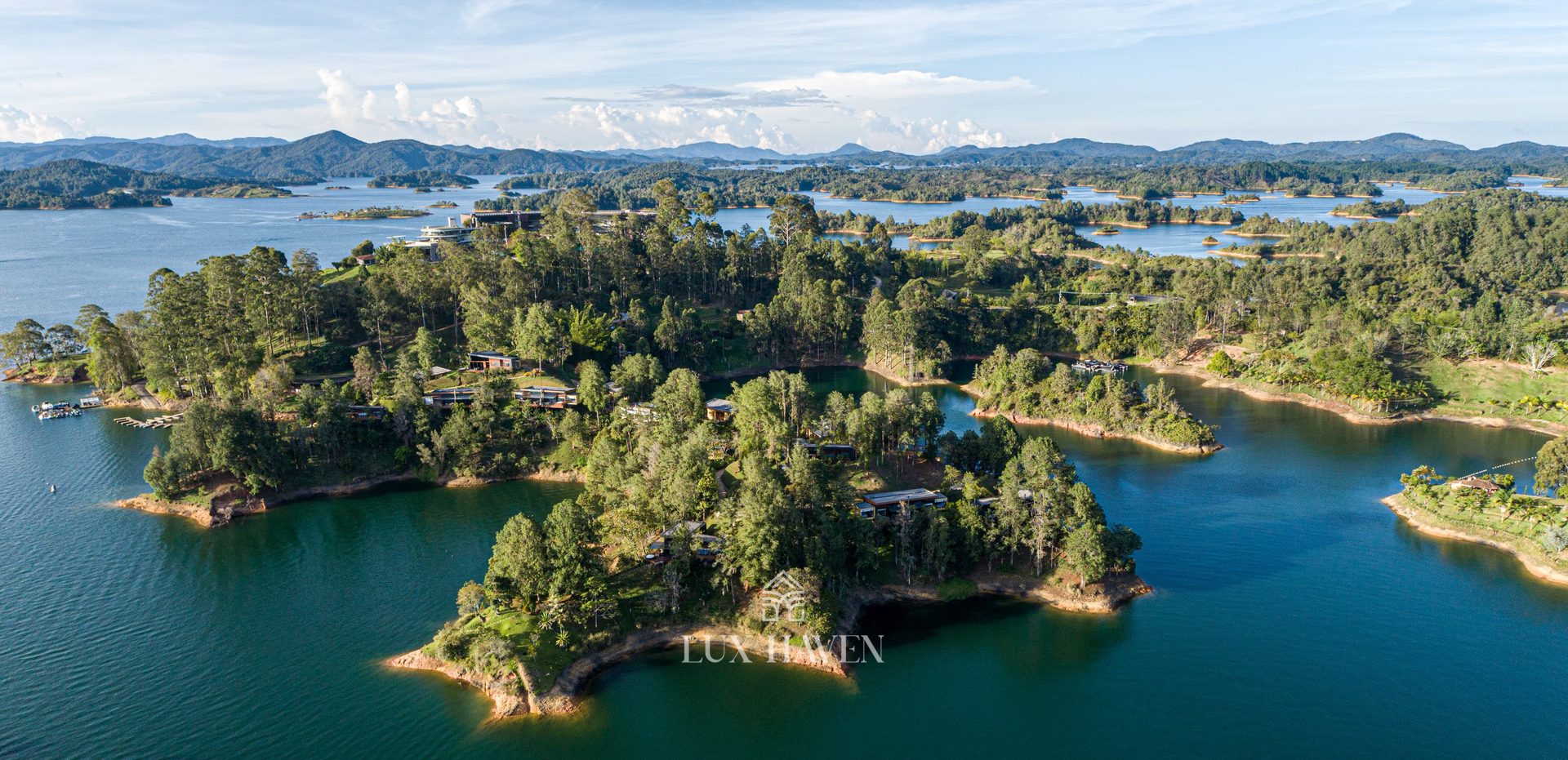 Aerial view of the Luxé by The Charlee peninsula in the Guatapé reservoir, Antioquia