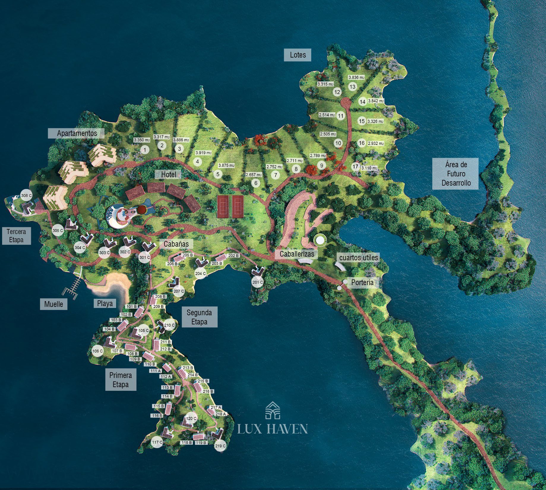 Illustrated masterplan of the peninsula — hotel, cabañas, dock and beach