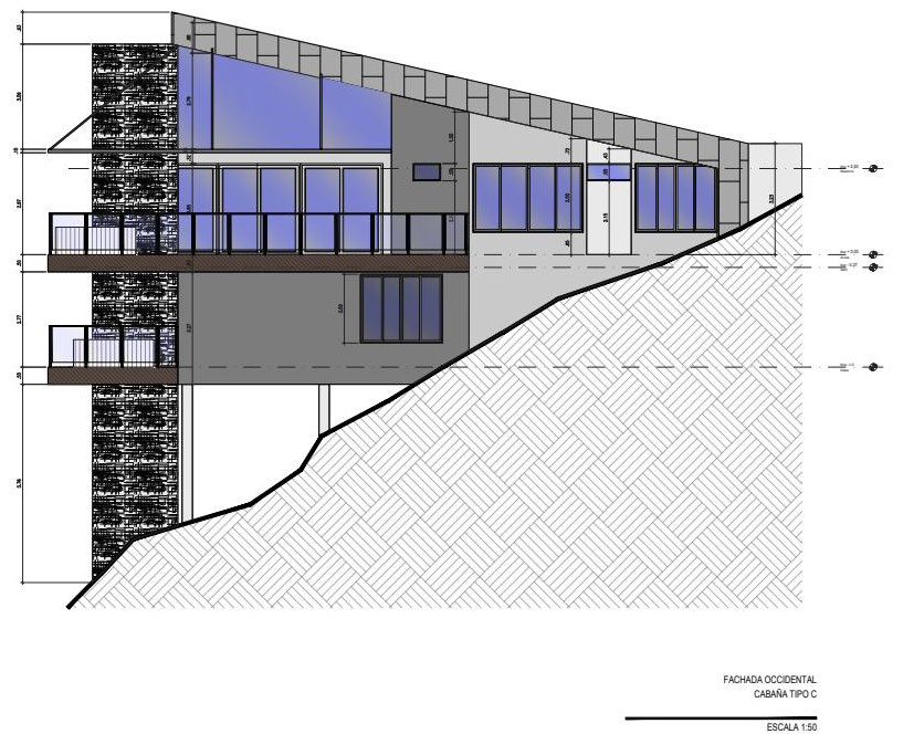 Cabaña Tipo C — western elevation drawing of the three-level design