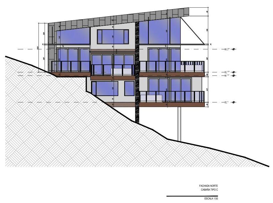 Cabaña Tipo C — northern elevation drawing set into the hillside